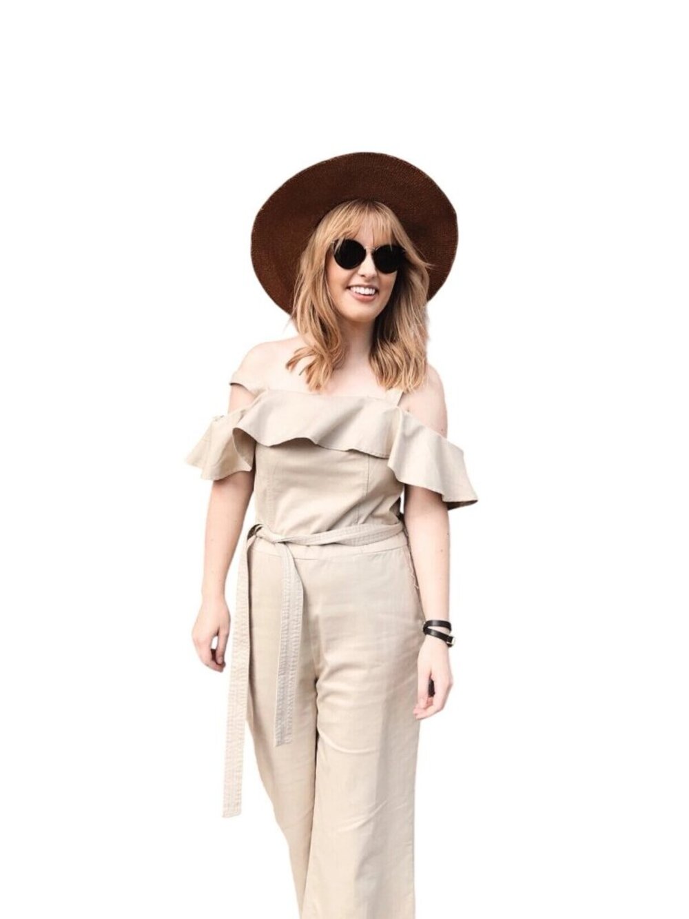 Banana Republic Jumpsuit Size 12 Beige Off Shoulder Ruffle Belted Waist Wide Leg